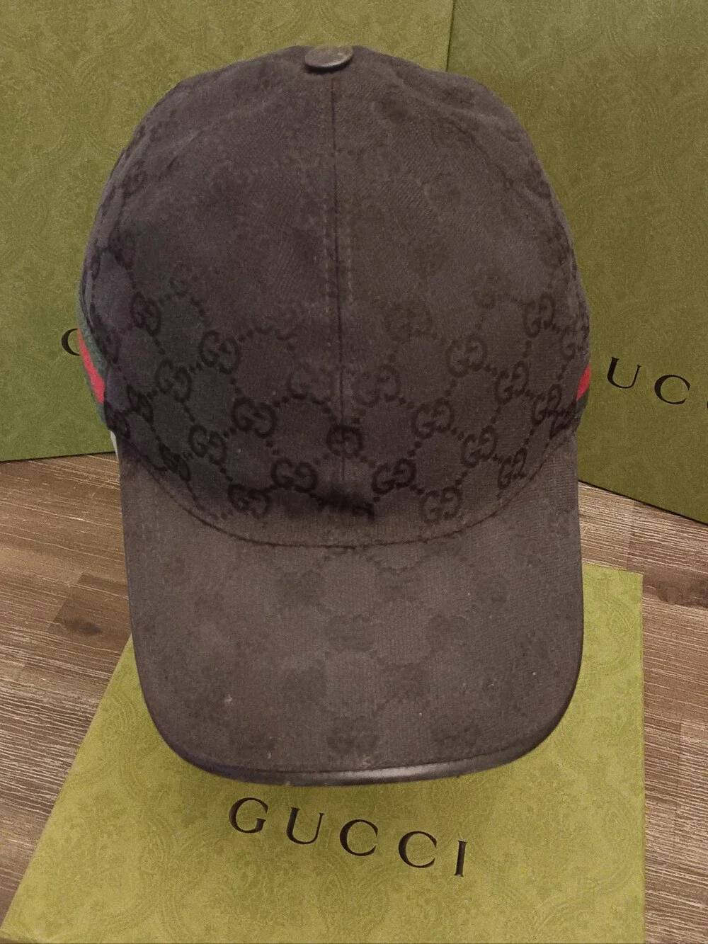 Gucci Black GG Canvas Cap with Signature Green-Red Web